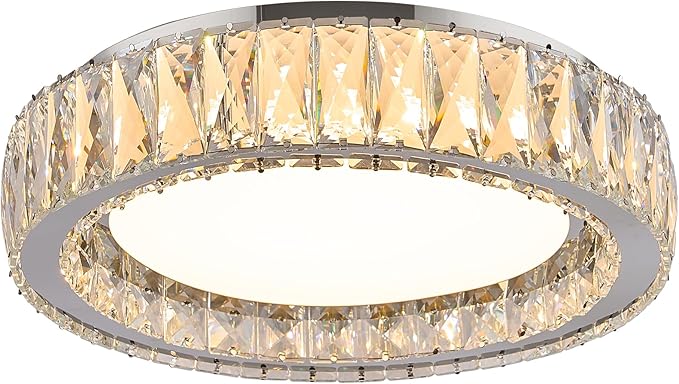 Modern K9 Crystal Dimmable LED Flush Mount Ceiling Light,15 Inch 36W/5CCT 3000K-6000K Luxury Chrome Round Close to Ceiling Lighting Fixtures for Living Room,Kitchen,Bedroom,Dining Room