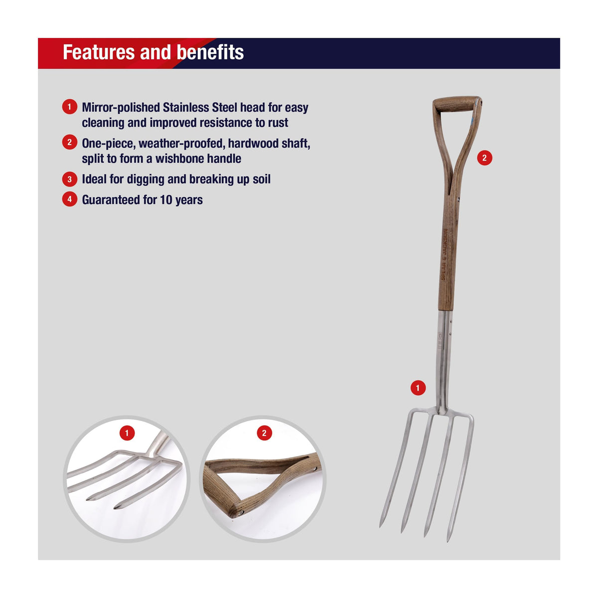 Spear & Jackson Traditional Stainless Steel Digging Fork, Heavy Duty Durable Stainless Steel Garden Tool, Ideal for Digging, Aerating, and Turning Soil