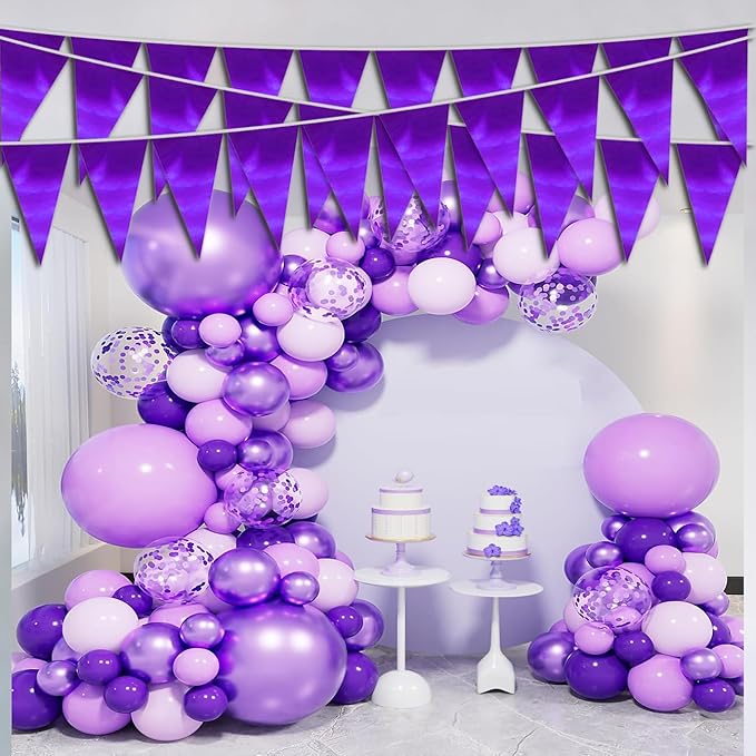 40M/130FT Purple Triangle Pennant Banner Flag Metallic Fabric Bunting Garland for Christmas Graduation Wedding Engagement Anniversary Bachelorette Birthday Bridal Shower Valentines Hen Party Supplies