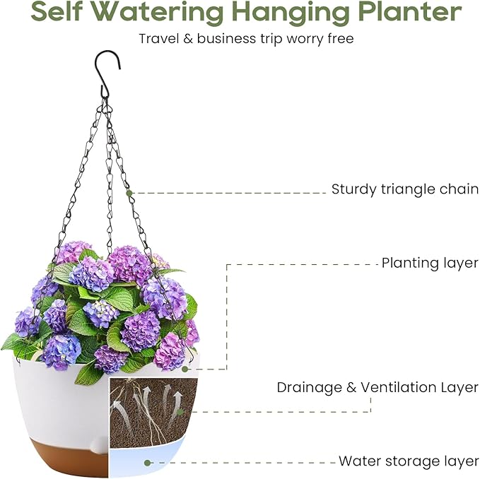 10 Inch Hanging Planter, 2 Pack Hanging Plant Self Watering Pot with Drainage Holes and Saucers, Hanging Baskets Flower Pots with Macrame Rope Hangers for Garden Home -White