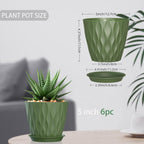 5 Inch Planter Pots, 6 Pack Indoor Planters, Small Flower Pots with Drainage Holes and Tray for Succulents, Orchids, Herbs and Other Indoor Plants (Green, 5inch)