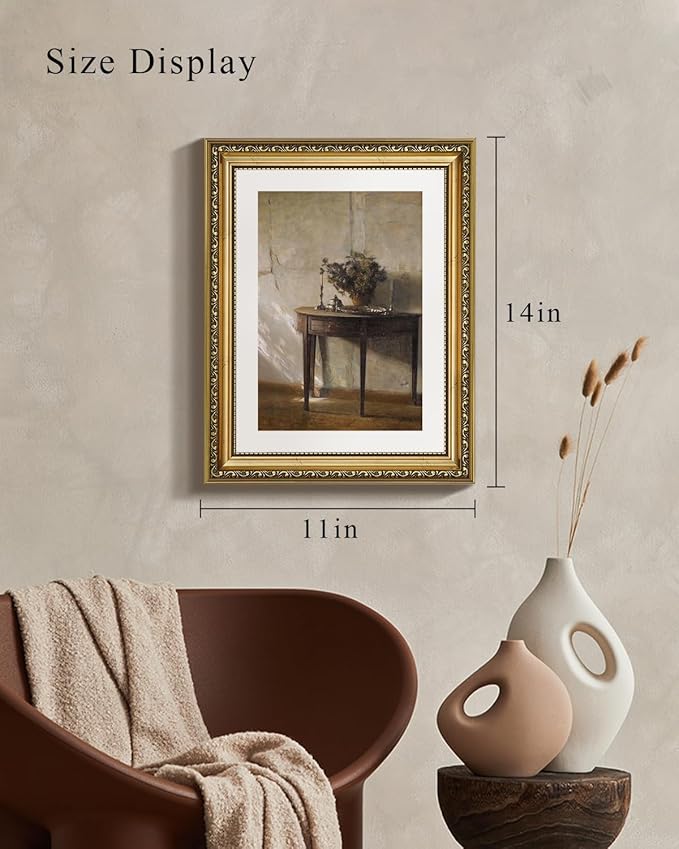 VIYYIEA Gold Framed Wall Art, After Noon Canvas Print Home Decor Vintage Art Painting Picture Bathroom Wall Decor, Potted Plant Artwork for Living Room Bedroom Kitchen Office - 14L x 11W