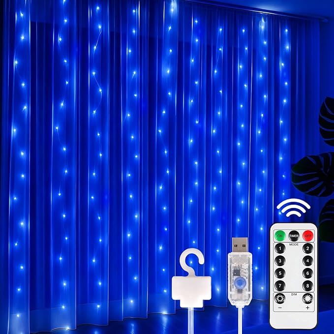 DomeStar 300 LED Fairy Curtain Lights, 9.8ft x 9.8ft Battery Operated with 8 Modes Remote Christmas Waterproof String Hanging Lights for Bedroom Patio Garden Party Wedding Wall Decor (Blue)