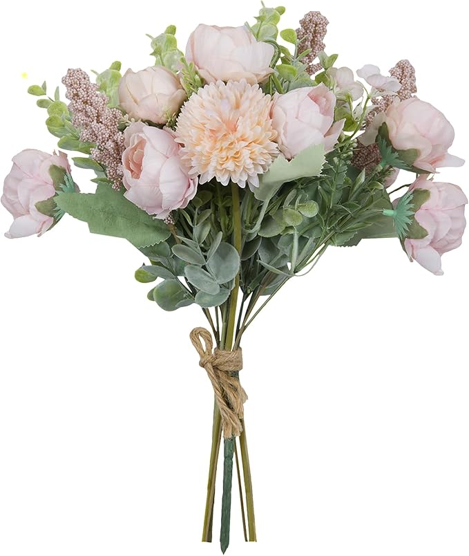 Meldel 3Pcs Peony Bouquet Light Pink Champagne Rose Artificial Flowers Eucalyptus Plants Silk Flower Arrangements Wedding Bouquets Decorations Plastic Floral Centerpieces for Home Kitchen Party Decor