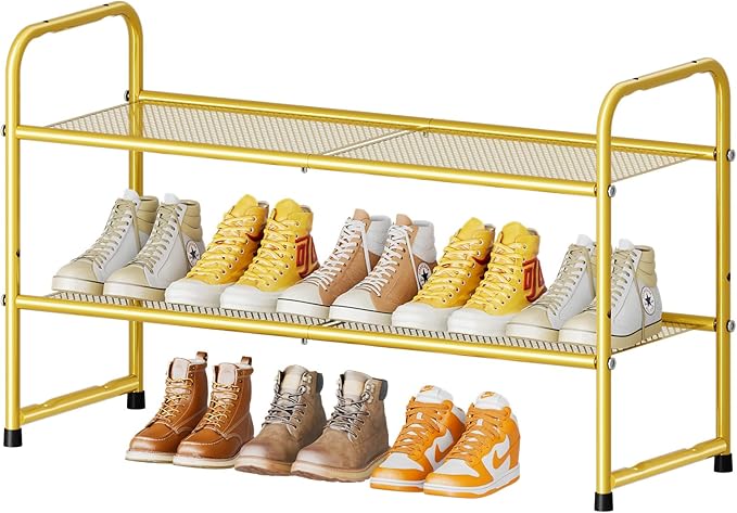 SUFAUY Shoe Rack for Closet, 33" Wide Metal Shoe Rack Organizer Heavy Duty, 2-Tier Mesh for Shoes, Gold