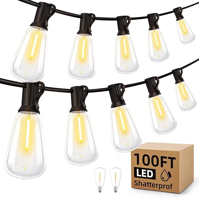 Outdoor String Led Patio Lights - 100Ft 30M Outside Waterproof Light ST38 Shatterproof Bulb Connectable Hanging Outdoor Electric Lighting for Backyard Yard Gazebo Porch Party