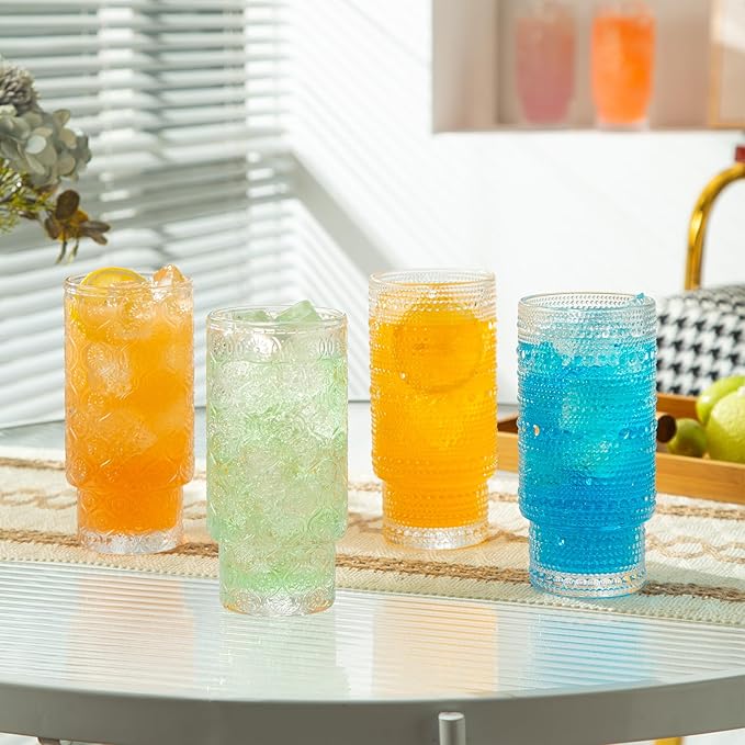 16oz Drinking Glasses Set of 4, 2 Hobnail Glasses & 2 Embossed Water Goblets, Flower Design Stackable Vintage Tumbler Glasses, Old Fashion Beaded Glass Cups for Cocktail, Iced Coffee, Beer