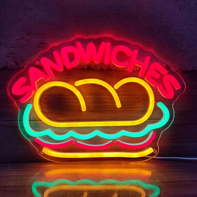 Sandwiches Neon Sign Sandwich Sign Food Neon Signs for Wall Decor, Sandwich Decorate for Home Kitchen Restaurant Store Fast Food Man Cave Party Decor, 12.9" x 9.2"