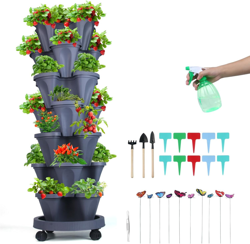 Vertical Planter, 7 Tier Stackable Strawberry Planter with Garden Tool Set, Movable Indoor/Outdoor Garden Herb Pot for Growing Vegetables and Succulents, Dark Gray