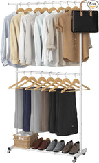 Sywhitta Double Rod Clothing Garment Rack, Rolling Coat Hanger with Bottom Mesh, Clothing Rack for Hanging Clothes, Coats, Skirts, Sweaters, White