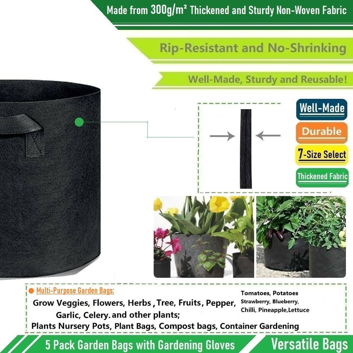 5-Pack 1 Gallon Plant Grow Bags (7x6 inch) Thickened Gardening Bags Fabric Plant Pots for Plant Nursery Bag,Garden Pots,Flower Pot,Herbs Veggies Planter Bag,Barrel Planter,Garden Container W/ Gloves