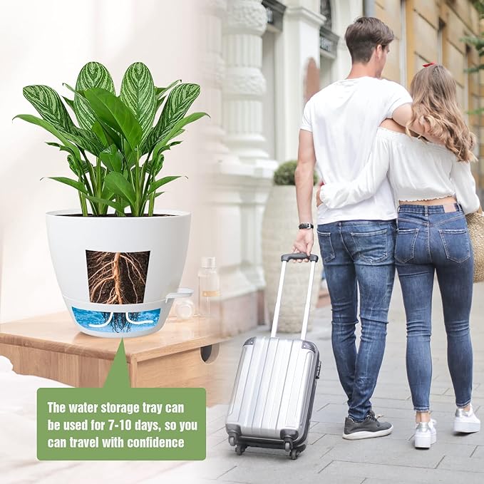 Large Self Watering Pots, 12/10/9 Plastic Planters with High Drainage Holes and Deep Reservoir for Indoor Outdoor Garden Plants and Flowers, White