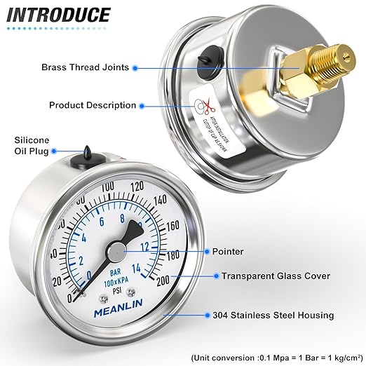 MEANLIN MEASURE 0~200Psi Dry Pressure Gauge Stainless Steel 1/8" NPT 2" FACE DIAL Waterproof for Air Compressor Air Regulator Water Filter Center Back Mount, with 1/4" NPT and 3/8" NPT Hex Bushing