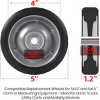 AR-PRO (2-Pack) 5" x 1.2" Flat Free Solid Rubber Wheel Assemblies - Replacement Hand Truck Wheels with Ball Bearings and 1/2" Bore Hole Diameter - Heavy-Duty Solid Rubber Tire 88 lbs Load Capacity