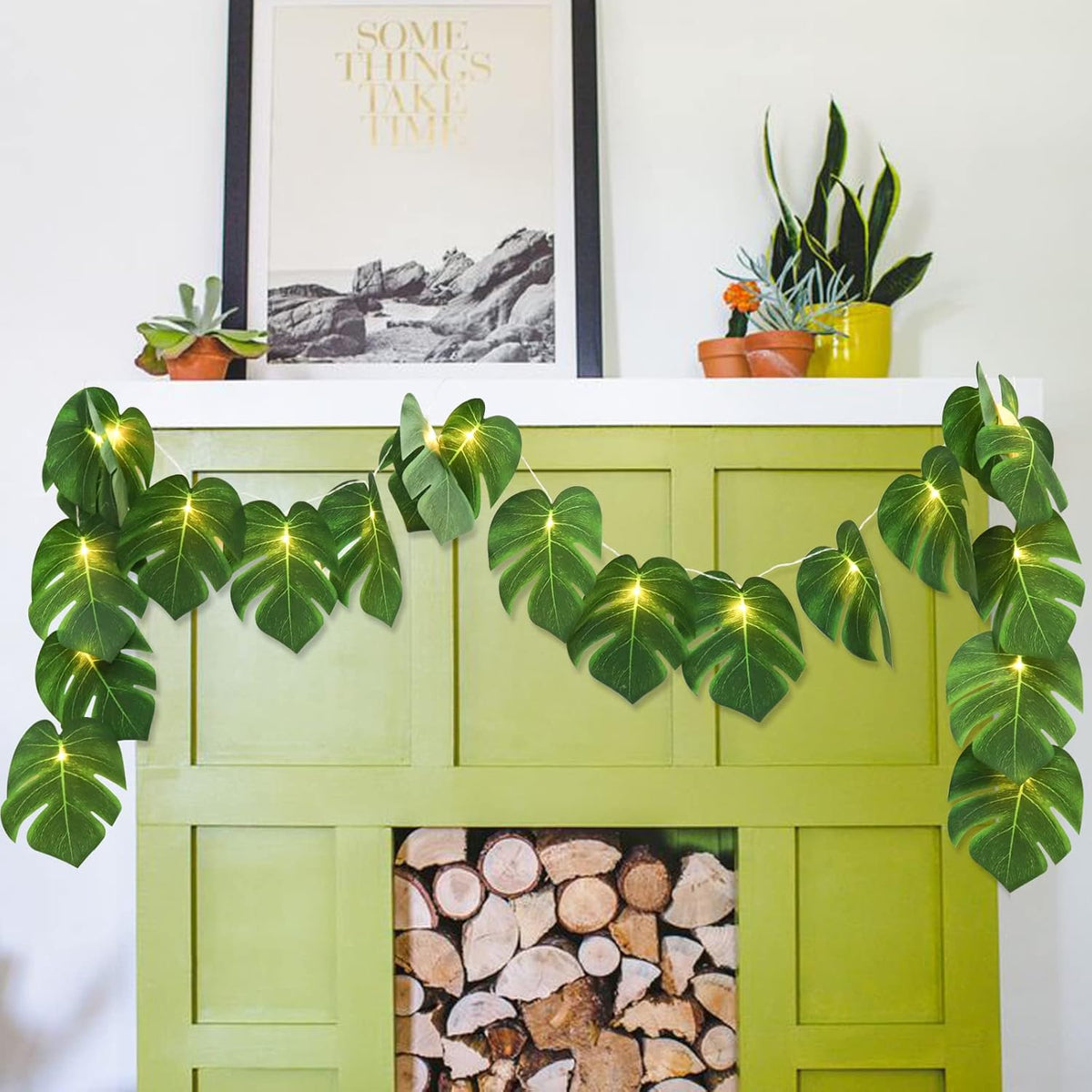 RECUTMS Artificial Tropical Palm Leaves String Lights, Large Size 20 LED Monstera Leaf Wall Hanging Vine Greenery,Outdoor Indoor Hawaiian Luau Jungle Beach Safari Baby Shower Party Spring Summer Decor