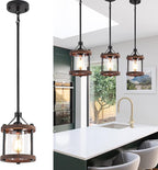 SGLfarmty Farmhouse Pendent Lights for Kitchen Island, Rustic Black and Wood Light Fixtures with Glass, Bronze Pendant Lamps Over Table, Chain Hanging Light for Dining Room, Sink, Bar, 1 Pack