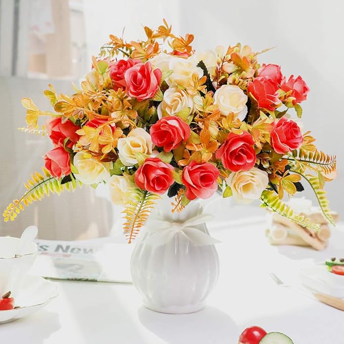 LESING Artificial Fake Flowers with Vase Silk Artificial Roses Wedding Flowers Bouquets Home Office Party Meeting Room Decoration (Sunset-1)