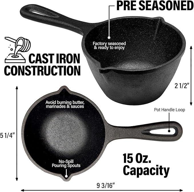 Small Cast Iron Basting Pot with Silicone BBQ Brush – Cast Iron Saucepan for Grilling, Smoking, Butter Melting Pot, 15 Oz