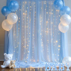 20×10ft Blue Tulle Backdrop Curtain with Lights String for Parties, Sheer Photo Backdrop Curtains for Wedding Party Photography Background