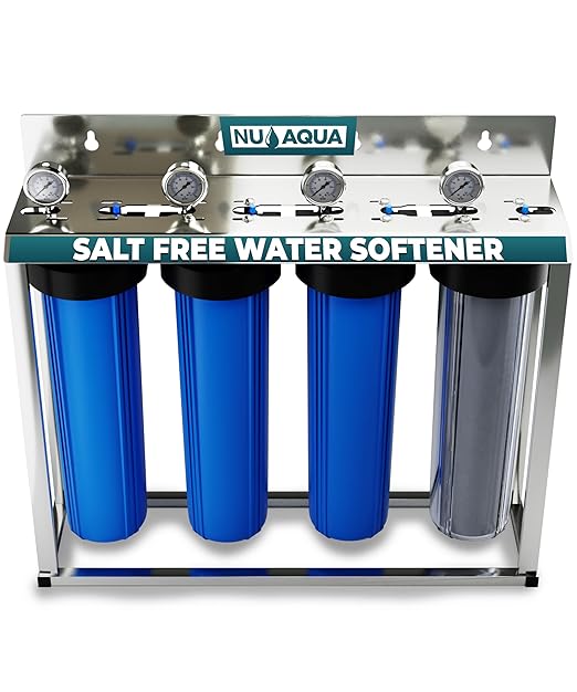 NU Aqua 4 Stage Salt Free Water Softener Whole House Water Filter System with Total Filtration - Includes Sediment, Heavy Metal KDF GAC, SoftGuard, Carbon Block Filters