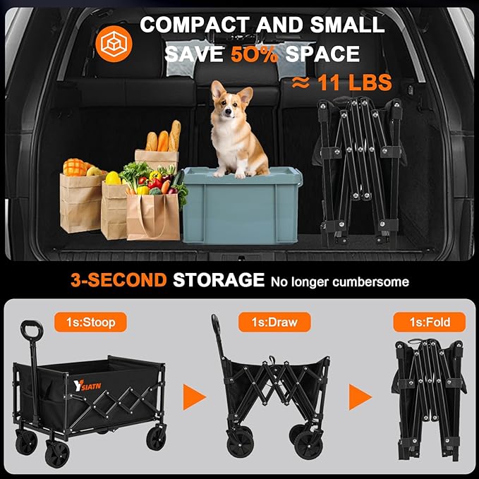 Collapsible Wagon Cart Foldable with 350lbs Weight Capacity, Lightweight Utility Shopping Cart with Wheels, Folding Grocery Wagon Carts Portable for Beach Garden Sports and Camping, Black