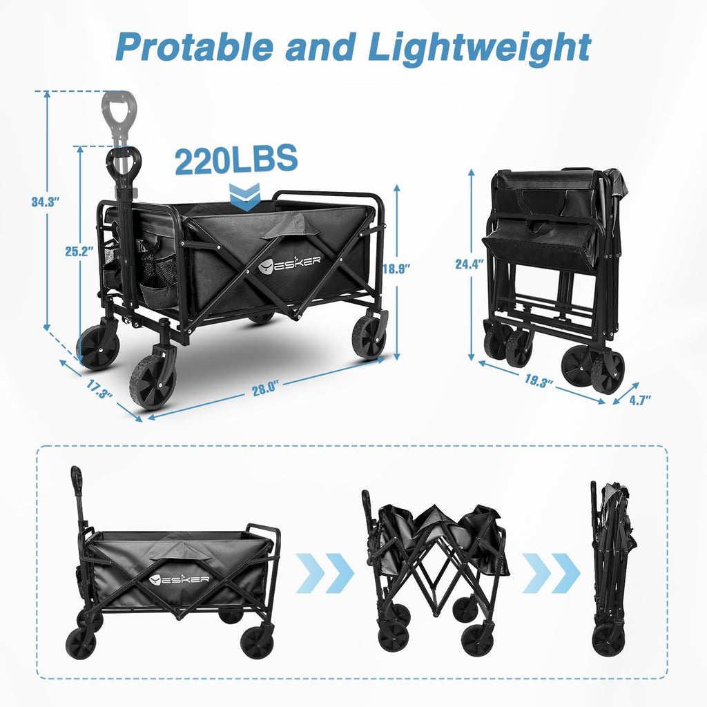 Yesker Foldable Wagon - 220lbs Collapsible Garden Carts with All Terrain Wheels for Outdoor Camping Sports Shopping Gardening - Heavy Duty Portable Utility Trolley (Black)