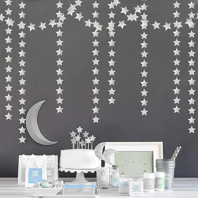 Glitter-Silver Party-Decorations Star Christmas Garland - 62ft Birthday Twinkle Little Star Hanging Streamers Banner,Bachelorette Engagement Wedding New Years Supplies Decor Hugtmr