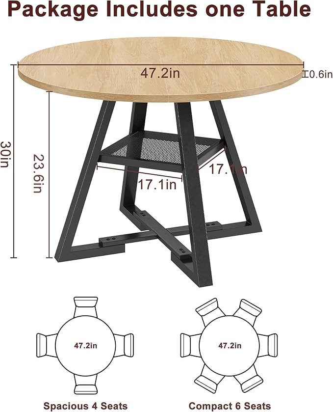 47'' Round Dining Table for 4,Kitchen Dining Room Circle Dinner Pedestal Table,Space Saving Wood Kitchen & Dining Room Furniture (Natual Wood, 47In)
