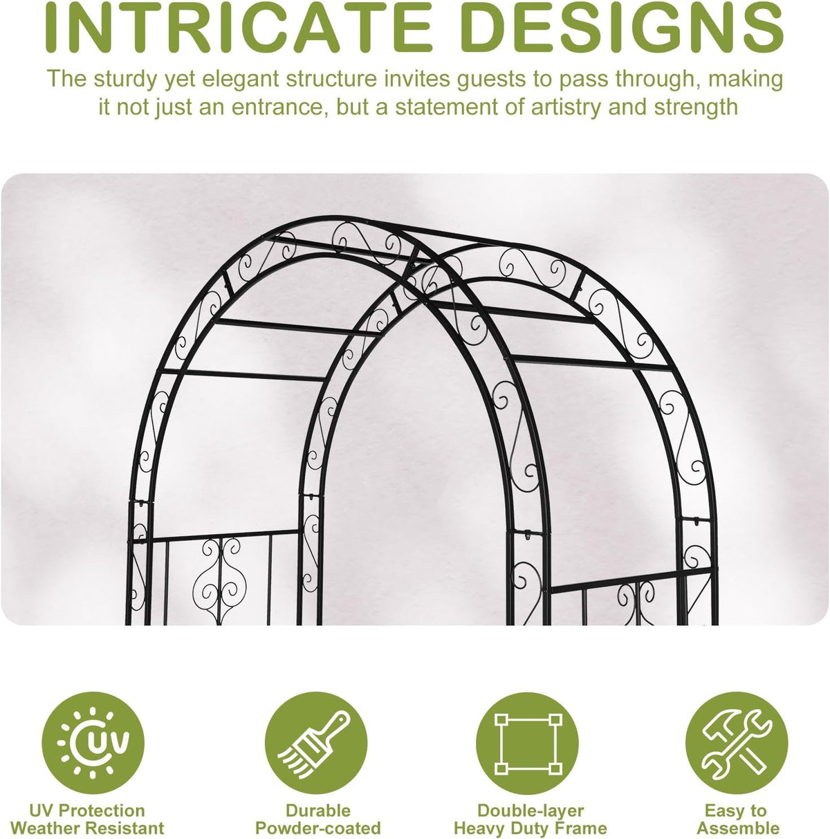 Outvita 7FT Garden Arch Arbor, Heavy Duty Metal Arbour Archway, Decorative Frame Stand Trellis with 7 Inch Ground Stakes for Wedding Ceremony Party Plant Climbing Rose Vines Lawn Courtyard Patio Black