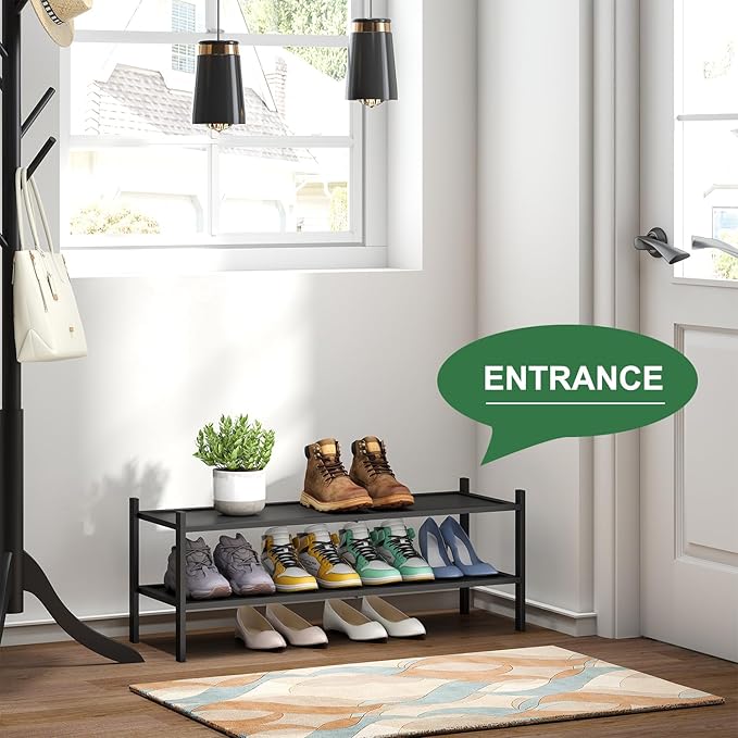 Black 2-Tier Long Stackable Bamboo Wood Shoe Rack for Closet, Entryway & Hallway