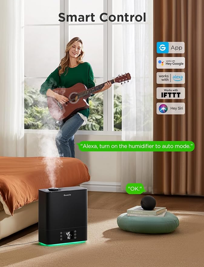 GoveeLife Smart Humidifiers for Bedroom Large Room, Top-Fill Cool Mist 6L WiFi Air Humidifier, Auto Mode, App & Voice Control, 60H Runtime, Rapid Humidification, RGB Nightlight Baby Plants, Black
