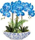 Briful Blue Orchid Artificial Flowers 18in Fake Orchid Silk Flowers with Blue and White Ceramic Pot Faux Orchid Arrangement for Home Office Room Dining Table Centerpiece Modern Decor