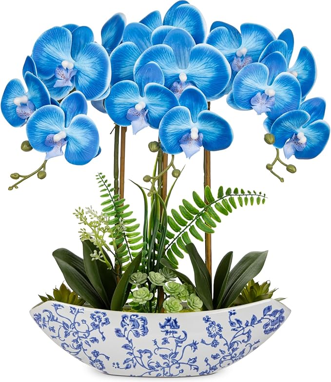 Briful Blue Orchid Artificial Flowers 18in Fake Orchid Silk Flowers with Blue and White Ceramic Pot Faux Orchid Arrangement for Home Office Room Dining Table Centerpiece Modern Decor