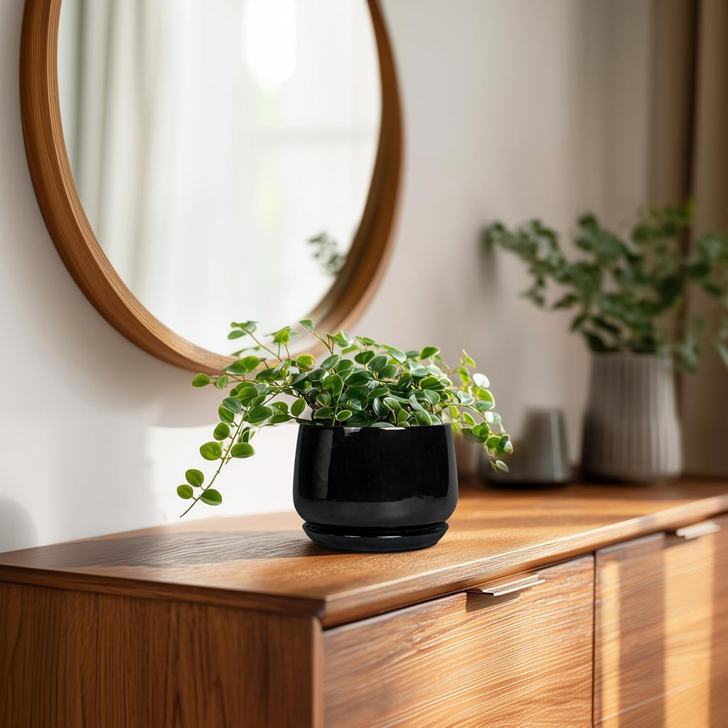 G EPGardening Small Ceramic Planter - 4 Inch Succulent Pots with Drainage Hole & Sacuer, Flower Pots for Indoor Outdoor Plants, Modern Decorative Round Planter, Room Decor, House Warming Gifts, Black