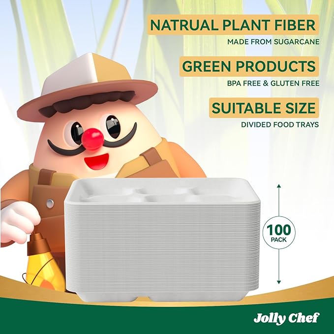 JOLLY CHEF Compostable 𝟱 Compartment Paper Plates 𝟭𝟭 * 𝟴 𝗶𝗻𝗰𝗵 [𝟭𝟬𝟬 𝗣𝗮𝗰𝗸] Heavy Duty White Divided Disposable Plate Eco-Friendly Biodegradable Containers Food Tray for Party Lunch Buffet
