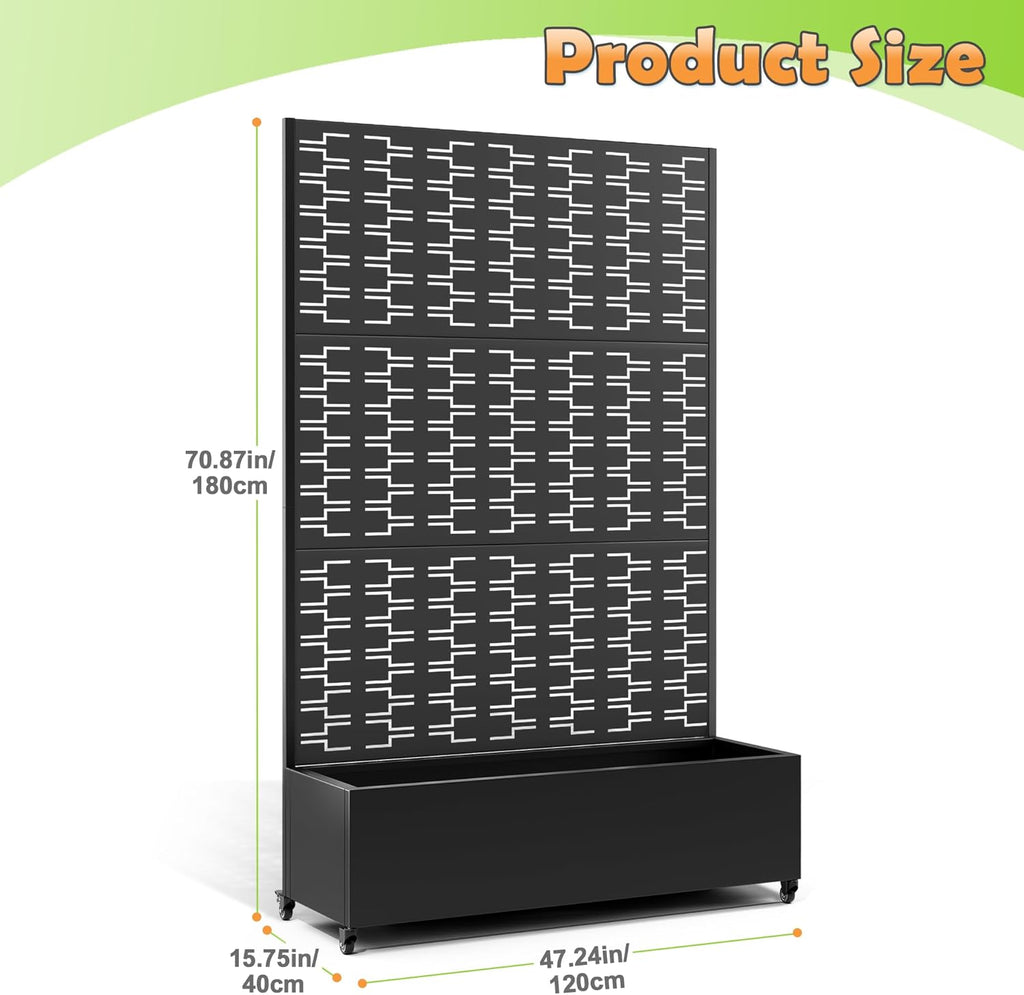 Metal Raised Garden Bed with Trellis, 2-in-1 Planter Box & Privacy Screen for Climbing Plants, Outdoor Standing Flower Bed with Drainage Holes, 47.2" L x 16.7" W x 70.8" H, Black-Brick