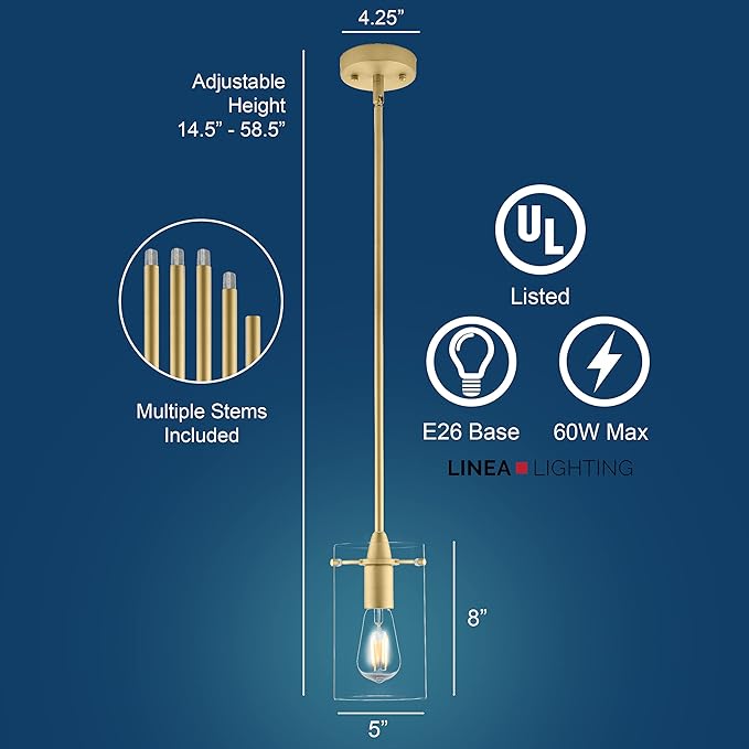 Satin Brass Pendant Lights Kitchen Island - Medium Clear Glass Pendant Light Fixture