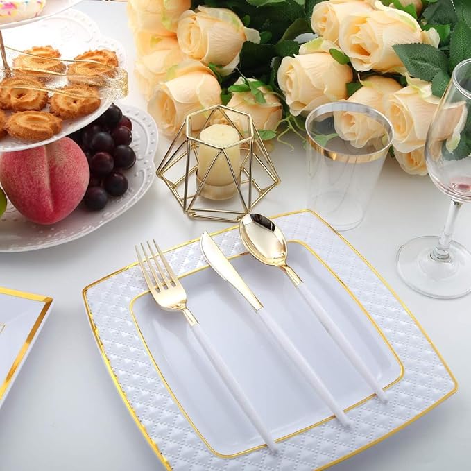 I00000 144Pcs Gold Plastic Silverware, Gold Plastic Utensils Set,Disposable Utensils Heavy Duty,Disposable Silverware Set Includes 48 Forks,48 Knives,48 Spoons for Party & Wedding