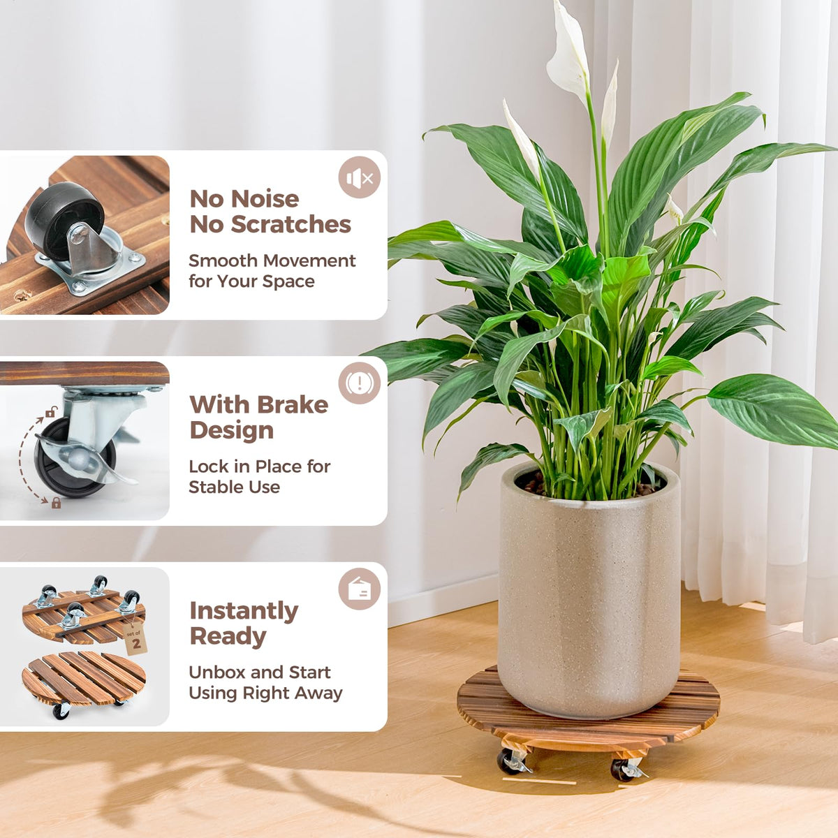 Bamworld Plant Stand with Wheels Plant Caddy Outdoor 4 Pack 12in Rolling Planter Caddy with Swiveling and Lockable Caster for Indoor Patio Plant Dolly Wood Wheeled Mobile Roller