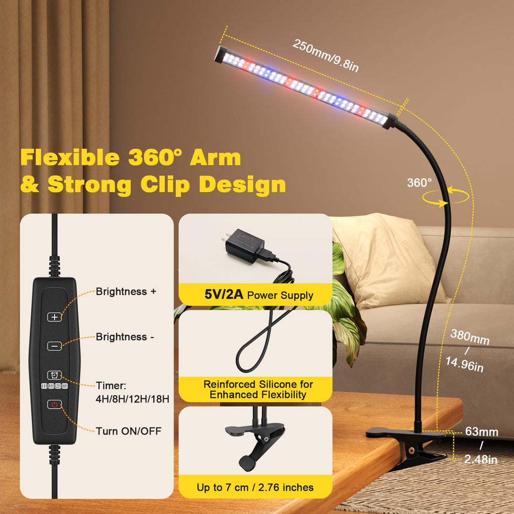 Sonamindary LED Grow Lights for Indoor Plants, Clip-On Clamp, Single Head