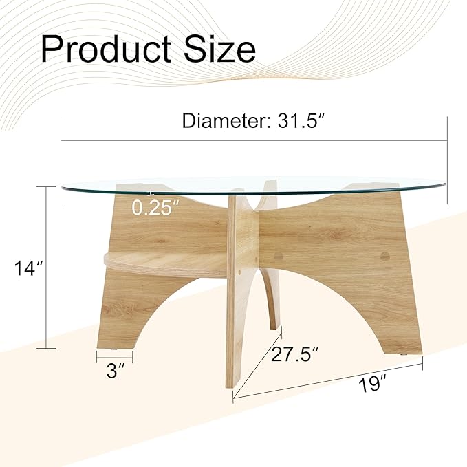 31.5" Round Glass Coffee Table with Tempered Glass Top and MDF Base, Diagonal Fan-Shaped Tray Design Table Leg Simple & Modern Center Table for Living Room Office Apartment Wood