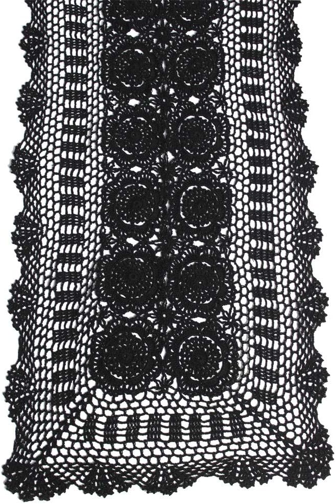 KEPSWET Cotton Handmade Crochet Lace Table Runner Black Rectangle Coffee Table Dresser Decor (14x48 inch)