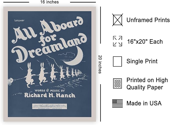 Poster Master All Aboard For Dreamland - Retro Children's Lullaby Print - Story Book Art - Bunny and Rabbit - Aesthetic Kid's Bedroom or Nursery Wall Decor - 16x20 UNFRAMED