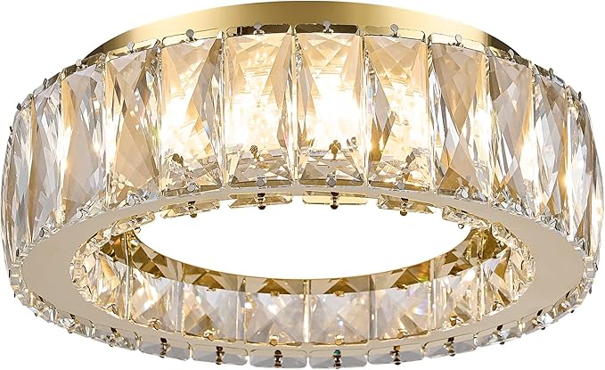 Crystal Gold Flush Mount Ceiling Light Fixture,Dimmable LED 5CCT 3000K-6000K Chandelier,11 Inch Modern Small 24W Round Lighting Fixtures for Kitchen Hallway Foyer Laundry Room