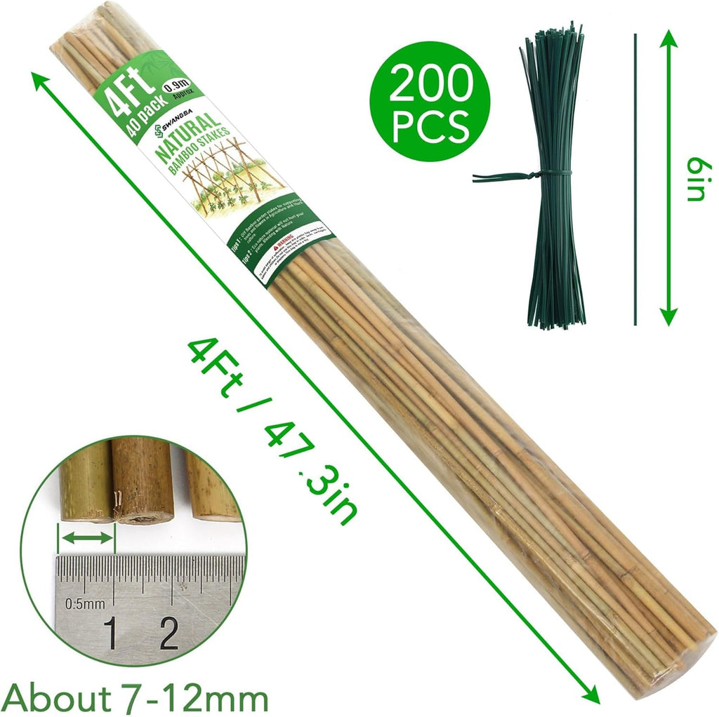SWANGSA 40 Pack 4 Feet Bamboo Stakes for Plant, Bamboo Sticks Plant Support Garden Stakes Poles with 200pcs Twist Ties for Tomatoes, Beans, Flowers, Potted Plants, Indoor and Outdoor Climbing Plants