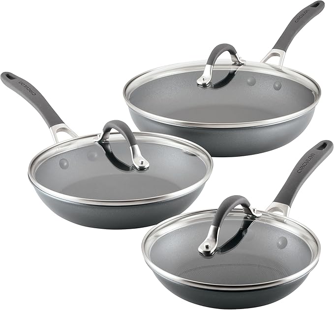 Circulon A1 Series with ScratchDefense Technology Nonstick Induction, Frying Pans/Skillets with Lids, Metal Utensil Safe, Skillet Set w/Lid (8.5", 10" & 12") - Graphite