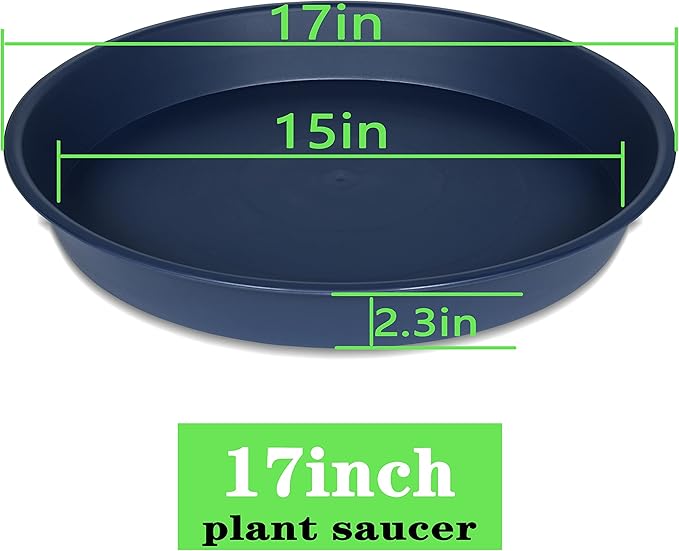4 Pack of 16 17 inch Plant Saucer (15 inch Base), 2.3" Depth, Heavy Duty Deep Plant Trays for Planter Pots, Bird Bath Bowls, Plastic Plant Saucers for Indoors (17", Blue)