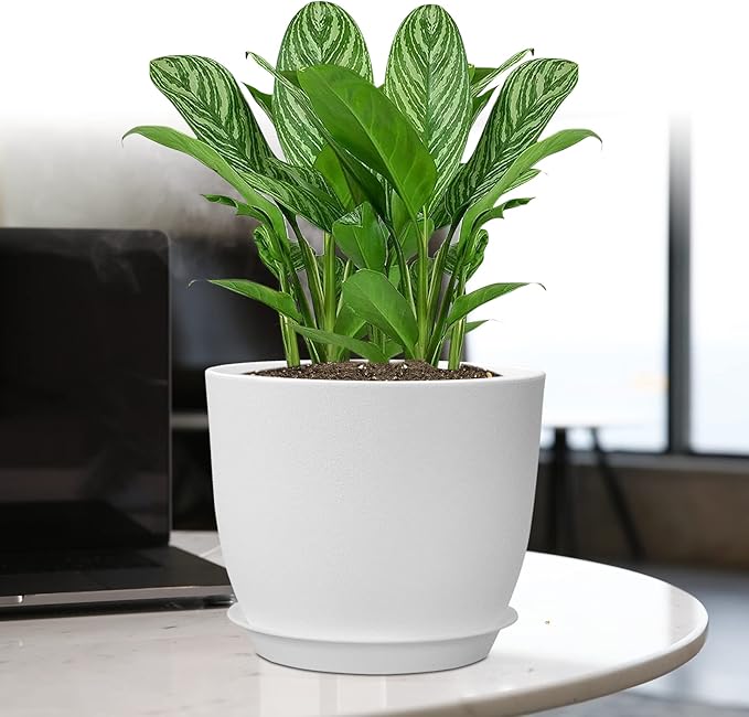 12/10/9 Large Modern Plant Pots, Plastic Planters with Drainage Holes and Saucers for Indoor Outdoor Plants Flowers, White