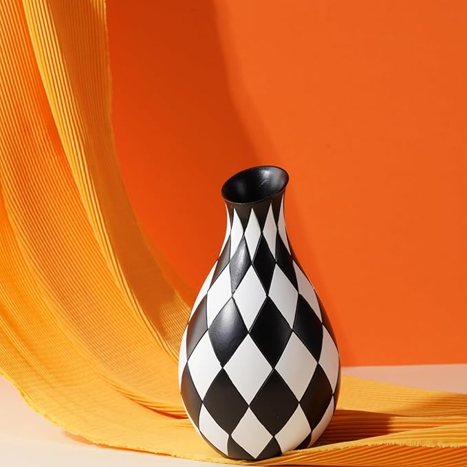 Black and White Decorative Vase for Home Decoration,Plaid Living Room Flower Vase Simple Modern Home Decoration Ornament Desktop Study Decorative Flower Arrangement