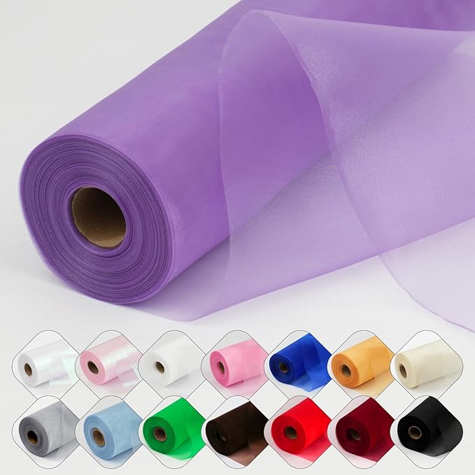 Crystal Organza Fabric Tulle 11 Inch by 50 Yards Sheer Tulle Rolls for DIY Craft Wedding Party Baby Shower Decor Gift Wrapping Party Supplies (Purple)